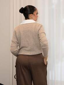 Melissa Matos 女士简约格纹领时尚韩版毛衣，秋冬款 - 駝色 - 查看 2