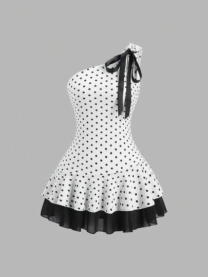 Sweetra Women's Polka Dot Print Tie Shoulder Design Fashion Dress