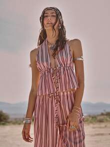 Easelle 女士度假休闲条纹露背吊带上衣和裤子两件套 - 彩色 - 查看 2