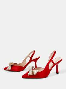 CUCCOO HITCHD Sepatu Hak Tinggi Wanita Ujung Lancip, Koleksi Terbaru Musim Semi/Panas, Dekorasi Pita Kristal & Mutiara, Satin Merah, Nyaman & Elegan, Cocok Untuk Pernikahan, Pesta, Acara Formal - Rose Red - View 3