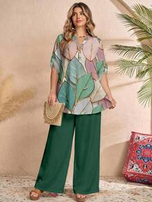 Rusticease Bộ 2 món gồm áo và quần ống rộng dáng suông in họa tiết lá rong biển tối giản, phù hợp cho nữ cỡ lớn, thích hợp mặc vào mùa xuân/hè, đi làm, du lịch hoặc dạo chơi. - Nhiều màu - Xem 5