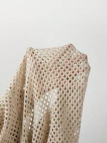 Breezaya New Summer Holiday Outfits Women's Beige Openwork Knit Two Pieces Set - V-Neck Button-Up Cardigan & Midi Skirt, Coastal Feminine Charm & Retro Casual Style - Khaki - View 6