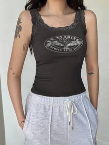 SHEIN x PRISCILA & JIMENA DAZY Đồ họa Chữ cái Trang trí ren Áo ba lỗ - Màu xám đen - Xem 3