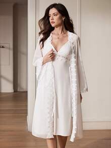 法式优雅成熟罗纹吊带连衣裙和网纱睡袍女士睡衣两件套 - 白色 - 查看 5