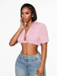 BamGleam Damen gestreiftes Kurzarm Crop Top mit Twist-Detail - Pink - Übersicht 4