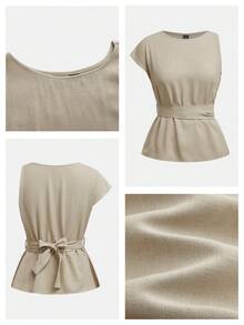 Maija Damen Sommer Mode Chic Beige Leinen Peplum Top,Asymmetrische Ärmel geraffte Taille Arbeitsblusen für Frauen,Atmungsaktiv Lässig Strand Urlaub - Khaki - Übersicht 4