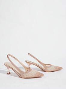 CUCCOO TILAWA Giày nữ, giày thời trang nữ mũi nhọn màu sâm panh đính đá, phối lưới, thời trang dự tiệc, ăn tối, lộng lẫy, gợi cảm, giày cao gót hở gót cho nữ. - Rượu sâm banh - Xem 4