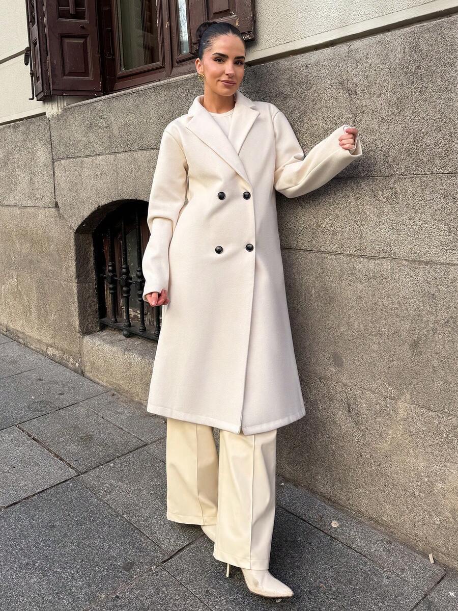 Marta Soriano Abrigo cruzado de mujer de un solo color, de uso casual para otoño/invierno - Albaricoque - Ver 1