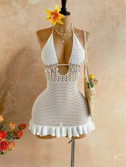 Soleia Beach Outfit For Women Summer Outfits  Vacation Outfits Women White Dresses Women's Solid Color Hollow Out Halter Backless Tie Dress Cover Up