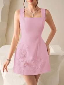 Modelyn Vestido de cóctel sexy de longitud corta con decoración floral 3D y lazo en la cintura, color amarillo pálido, para citas y fiestas - Rosa Pálido - Ver 3