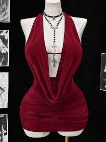 Sweetra Đầm dự tiệc đi biển gợi cảm, kiểu cổ yếm buộc nơ, lưng hở, dành cho phụ nữ cỡ lớn. - Màu Đỏ Sâu - Xem 4