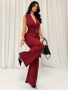 Firerie 女士优雅简约通勤日常穿搭亚麻质感金属腰带上衣和裤子两件套，适合约会、通勤等场合。 - 酒紅色 - 查看 1