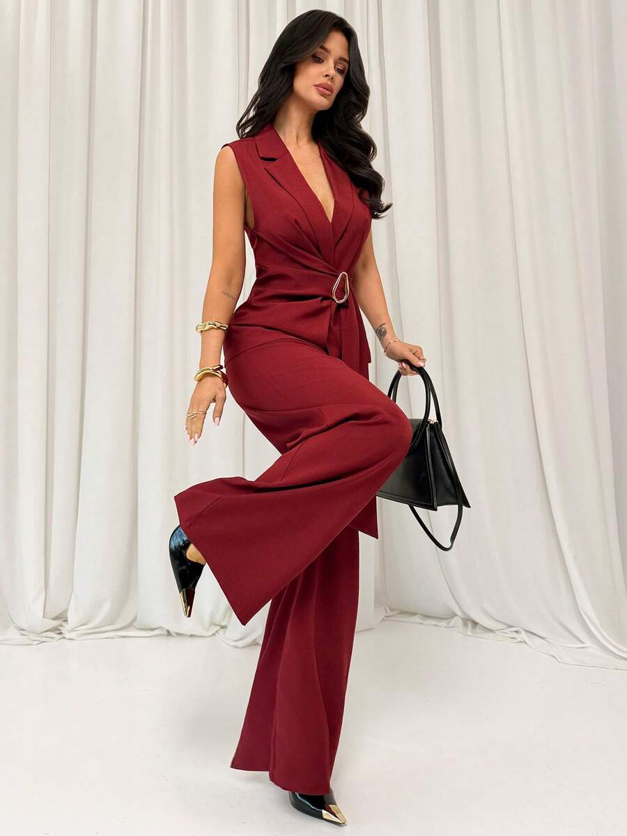 Firerie 女士优雅简约通勤日常穿搭亚麻质感金属腰带上衣和裤子两件套，适合约会、通勤等场合。 - 酒紅色 - 查看 1