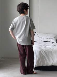 DAZY Tween Boy Dog Print Short Sleeve Top And Plaid Pants Pajama Set - Grey - View 2