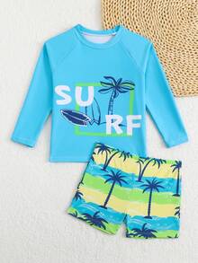 Conjunto de traje de baño para niño, estampado de árbol de coco para deportes y vacaciones - Azul menta - Ver 4