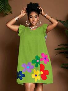 Maweii 女士黑色卡通印花A字圆领喇叭袖休闲度假连衣裙，简约日常穿搭，新品上市，时尚小众设计，大码及膝款 - 綠色 - 查看 2