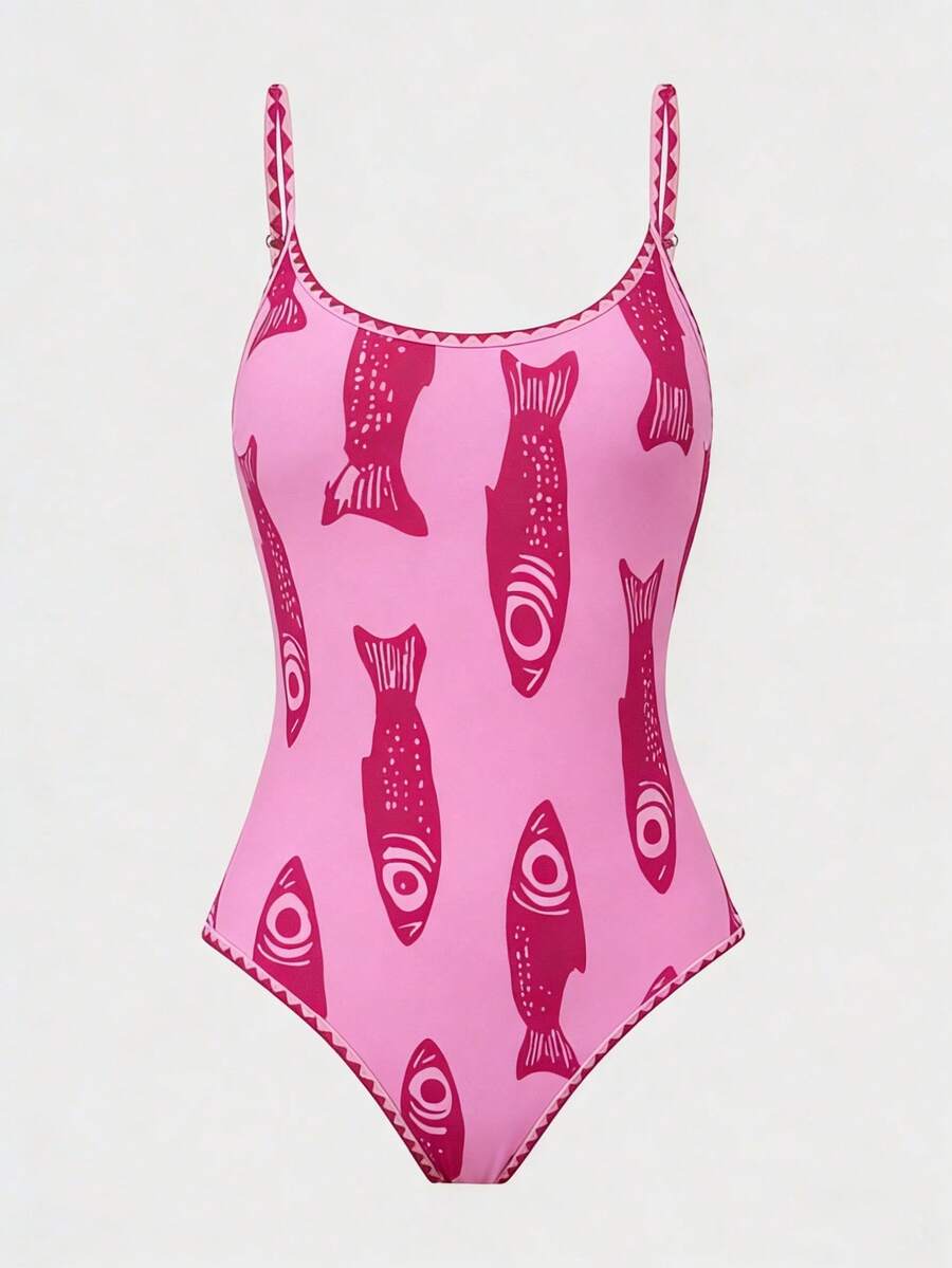 SHEIN Swim 夏季新款欧美风性感高衩连体泳衣，红色吉祥鱼印花撞色设计，细肩带，荷叶边下摆，带胸垫，修身剪裁，适合海滩、派对、生日等场合。 - 粉色 - 查看 1