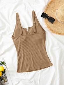 Swim Lushoire Plus Size Solid Color Pleated Ribbed Camisole Beach Maroon Summer - Brown - View 2