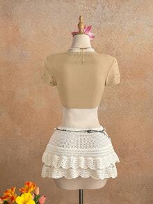 Elamini 女士亮片单排扣休闲百搭日常短袖开衫 - 卡其色 - 查看 2