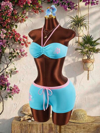 Amplova 2026 New Ocean Color Block Strapless Cropped Top And Low Waist Color Block Shorts Set For Women