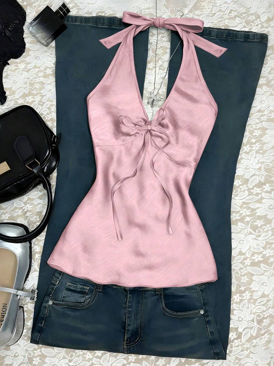 SHEIN Áo hai dây mùa hè mới, cổ yếm, xếp ly, thắt eo, gợi cảm, thích hợp cho kỳ nghỉ, dành cho nữ. - Hồng - Xem 1