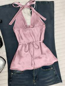 SHEIN Áo hai dây mùa hè mới, cổ yếm, xếp ly, thắt eo, gợi cảm, thích hợp cho kỳ nghỉ, dành cho nữ. - Hồng - Xem 2