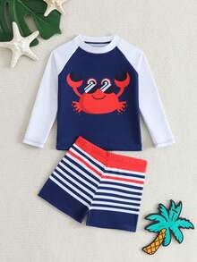 SHEIN 2pcs Baby Boy Swimwear Set,Cute Cartoon Crab Print Navy Blue Raglan Long Sleeve Rashguard And Striped Swim Trunks,Toddler Summer Holiday Pool Party - Multicolor - View 6