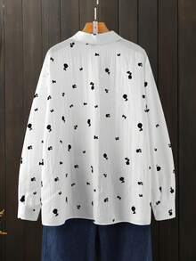 Linhara Plus Size Women's Single-Breasted Casual Versatile Daily Wear Long Sleeve Shirt - Black and White - View 2