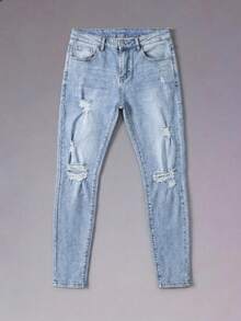 DSELFIQUE 男士破洞修邊修身牛仔褲，貨運口袋純色淺藍色，適用於外出和與搖滾樂朋友共度時光 - 藍色 - 查看 1