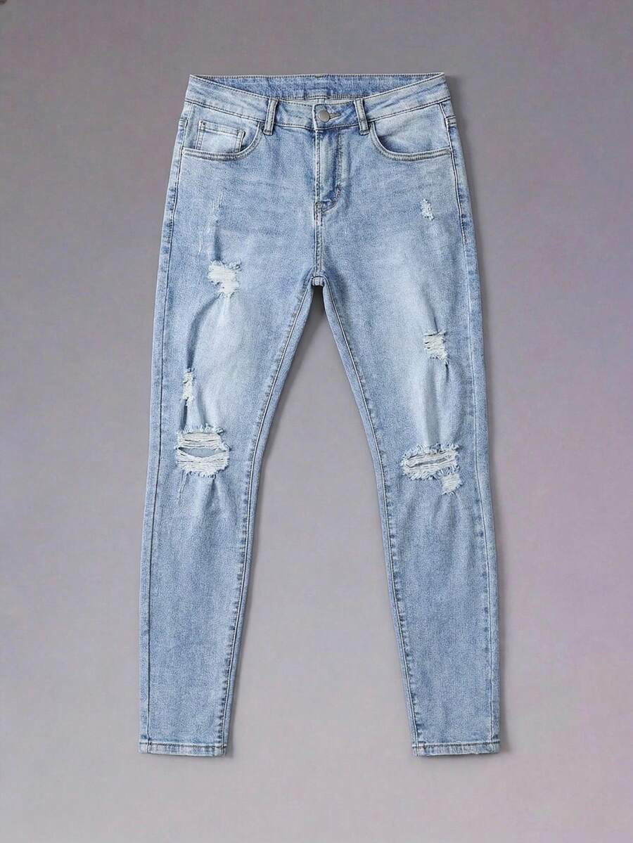 DSELFIQUE 男士破洞修邊修身牛仔褲，貨運口袋純色淺藍色，適用於外出和與搖滾樂朋友共度時光 - 藍色 - 查看 1