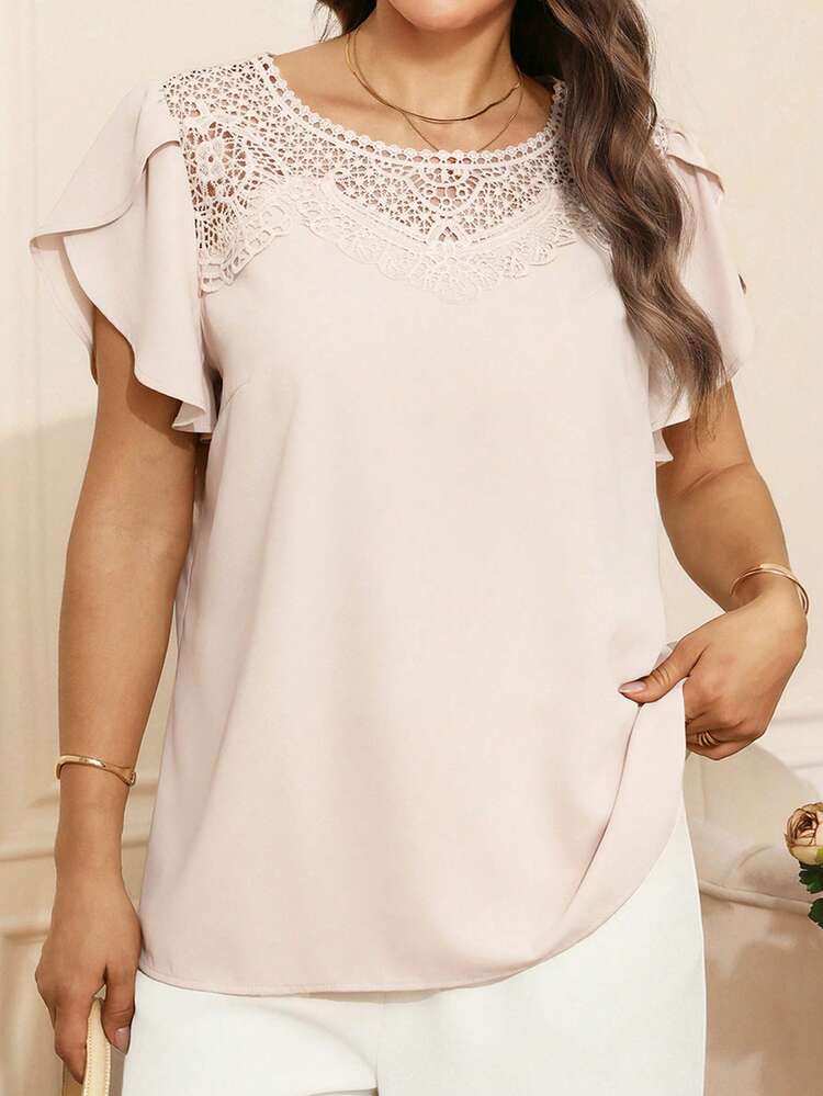 Plus Size Women's Summer Casual Vacation Elegant Casual Lace Patchwork Flare Sleeve Apricot  Round Neck Short Sleeve Blouse Top Shirt, Spring/Summer,Summer\Vacation,Summer Holiday,Spring Break Outfits ,Vacation Outfits Women ,Holiday Outfits For Women,Going Out Outfits,2026 New Clothes,Simple And Fashionable For Everyday Wear,Suitable For Summer, Vacation, Daily Wear