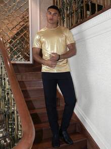 AKNOTIC Men's Fashionable Metallic Short Sleeve T-Shirt, Summer - Gold - View 4