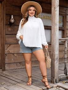 SHEIN CURVE+ Curve Size US22Music Festival, Seaside Vacation, BohemiaWomen's Solid Color Simple Fashion Casual Everyday Shirt,Lace Spliced ​​Turtleneck Long-Sleeved Shirt, White Solid Color Textured Fabric,Spring/Summer, Summer Tops - White - View 6