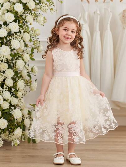 SHEIN Glamorique Kids Girls Princess Dress, Apricot, Embroidered Mesh Skirt, Sleeveless, Bow Decor, Elegant, Suitable For Wedding, Party, Ball Gown, Stage Performance, All Seasons