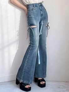 FRIFUL Jeans de pierna acampanada con detalle de nudo y calado, de estilo casual y urbano para uso diario - Azul - Ver 3