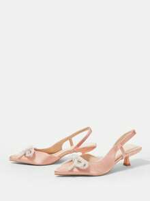 CUCCOO HITCHD Elegante Damen High-Heel Pumps, spitzer Zehenbereich mit Strass, Perlen & Schleifen Dekor, satin-flach in Rosa, geeignet für Braut, Brautjungfer, Gast, Party - Altrosa - Übersicht 3