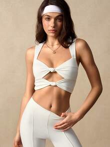 VARSIVA Áo tank top thể thao dáng ngắn ôm sát, màu trơn, kiểu xoắn và khoét lỗ - trắng - Xem 9