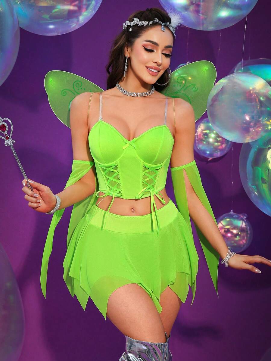 Women's Sexy Fairy Lace-Up Bra Top And Asymmetrical Net Skirt Long Sleeve Costume Set With Butterfly Wings - Green - View 1
