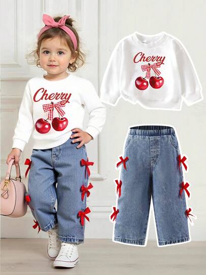 SHEIN Playful Pals Set de 2 piezas de jersey de punto y pantalones vaqueros con estampado de cerezas y lazos para niñas jóvenes, adecuado para otoño/primavera