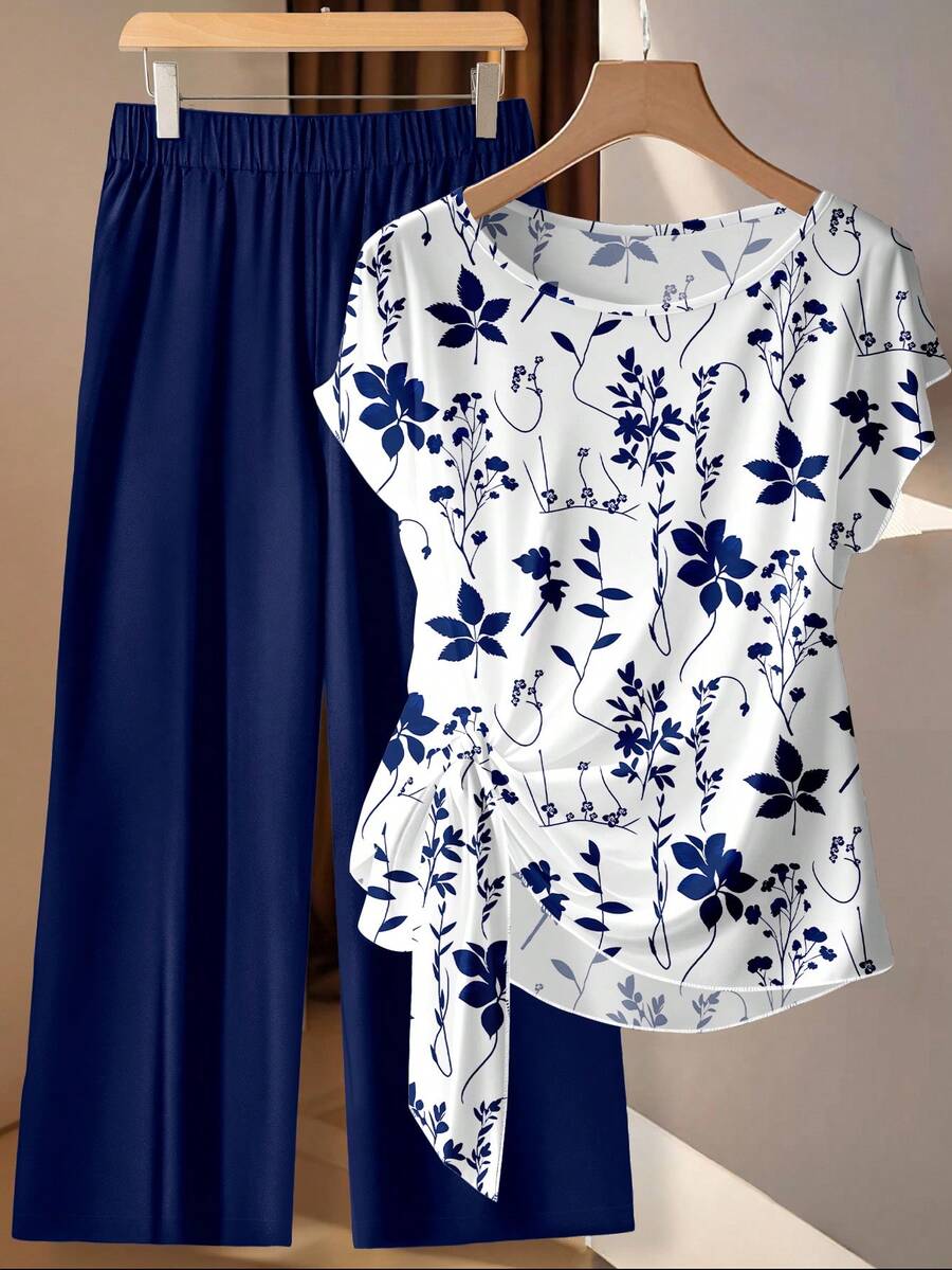 SHEIN Clasi 女士系带蝴蝶结花叶印花上衣和直筒裤两件套，适合外出、工作通勤，浪漫优雅时尚 - 彩色 - 查看 1