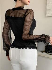 DAZY Top Preta Feminina de Poá em Tule Transparente com Recortes de Renda, Elegante para o Dia dos Namorados, Casamento, Festa, Ocasião Formal, Ajuste Slim em Tule Fino de Manga Longa, Adequada para Verão, Outono, Primavera - Preto - Visão 6