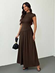 SHEIN Tall 女士纯色立领泡泡袖褶裥长款休闲连衣裙，夏季棕色连衣裙 - 棕色 - 查看 10