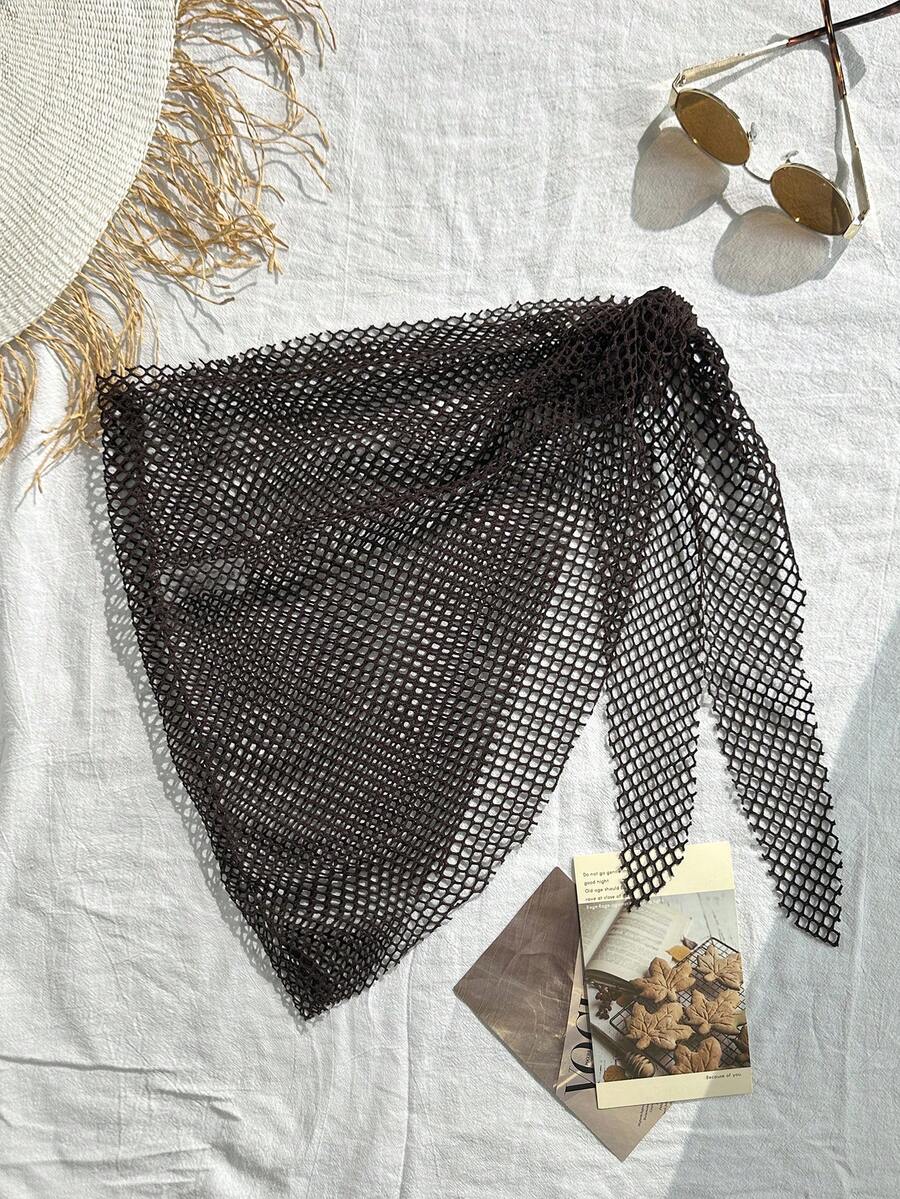 Swim Vcay Women's Solid Color Hollow Out Casual Versatile Cover-Up & Mini Skirt Set - Coffee Brown - View 1