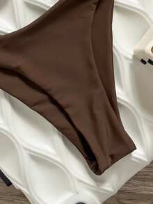 Swim Chiccia 春夏纯色无钢圈装饰吊带背心和泳裤女士沙滩度假优雅坦克泳装套装 - 棕色 - 查看 5