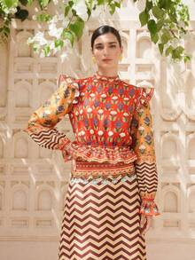 LOTSLUV 女士春夏橙色印花上衣，立领设计，袖口和下摆饰有荷叶边，腰部收紧设计 - 亮橙色 - 查看 3