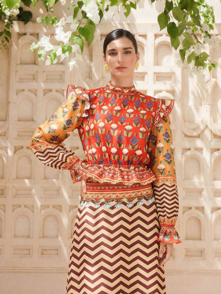 Women's Spring/Summer Orange Floral Print Top With Mandarin Collar, Ruffle Trim At Cuffs And Hem, Waist Cinching Design, Colorful Tops For Women, Boho Blouses, Lantern Sleeve Blouse - Burnt Orange - View 1