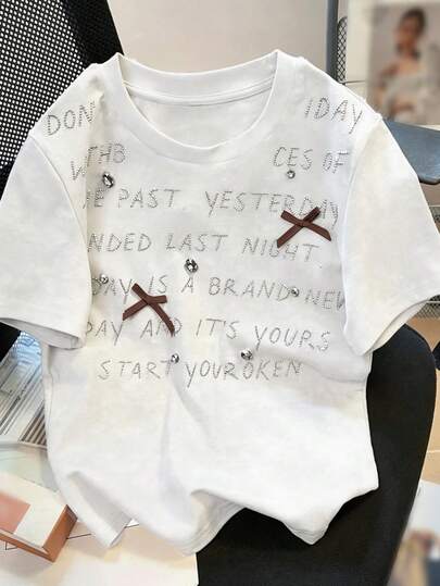 Resyla Rhinestone Letter Print Fashionable Minimalist Women's Regular Crew Neck Short Sleeve T-Shirt