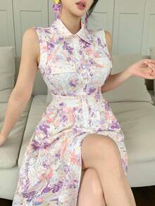 DAZY 女士优雅印花无袖中长连衣裙，带假口袋，夏季 - 淡紫色 - 查看 8