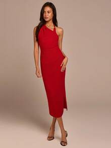 COSMINA Women's Elegant Metal Buckle Neck Long Dress, Versatile For Commuting, Office, Spring Date, All-Match - Red - View 4
