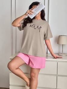 SHEIN Cotton Plus Women 2 Pcs Pink Contrast Colour Sleep Lettered Pattern Detail Top& Elastic Waist Solid Shorts Homewear Casual Pajama Sleep Lounge Set - Beige - View 5